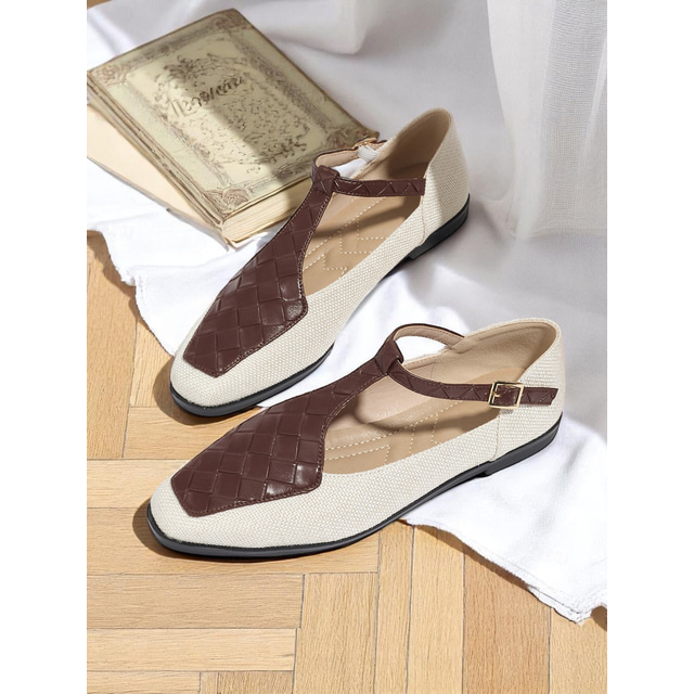  Women's  Dark Brown Woven Faux Leather Flats – Retro Casual T-Strap Shoes for Ladies, Ideal for Daily Outings or Office Wear