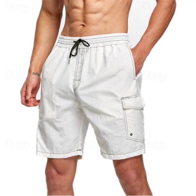  Men's Swim Shorts Board Shorts Swim Trunks Solid / Plain Color Quick dry Breathable Drawstring Elastic Waist Vacation Beach Hawaiian Casual Black White
