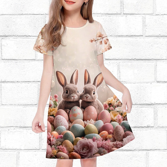  Girls' 3D Rabbit Flower Dress Short Sleeve Summer Spring Vacation Daily Holiday Princess Beautiful Sweet Kids 4-12 Years Casual Dress Knee-length Regular Fit
