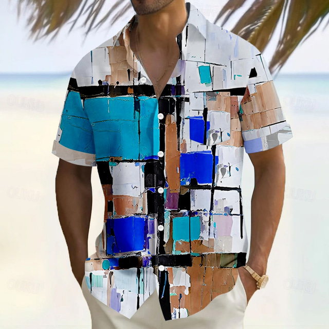  Men's Geometric Color Block Grid / Plaid Shirt Casual Shirt Button Up Shirt Short Sleeve Fashion Casual Vacation Holiday Streetwear Summer Turndown 3D Print Front One Pocket Linen Like Shirt White