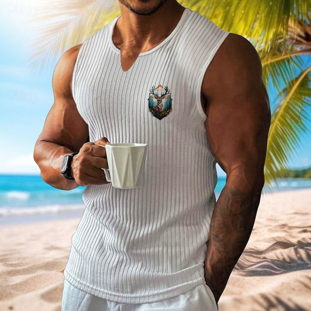  Men's Vest Top Undershirt Sleeveless Shirt Sleeveless V Neck Spring & Summer Pattern Fashion Designer Vacation Street Going out White Wine Dark Navy Top Tee for Men