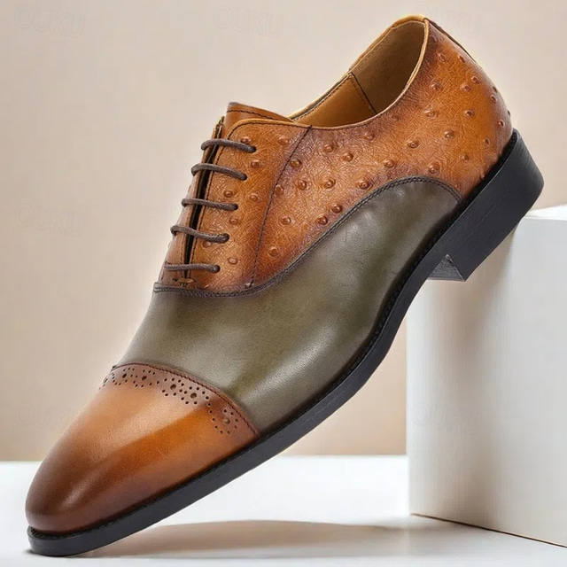  Men's Two-Tone Leather Oxford Shoes with Ostrich Print – Luxury Lace-Up Formal Shoes for Banquets and Prom Nights