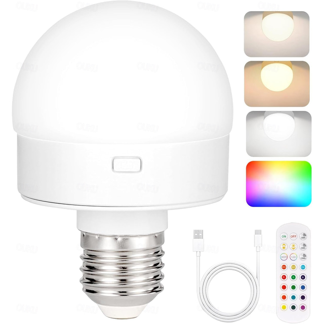 laddningsbara glödlampor med fjärrkontroll, batteridriven glödlampa för lampett och lampa, 3 färgtemperaturdimbar e26 trådlös löstagbar led laddningslampa