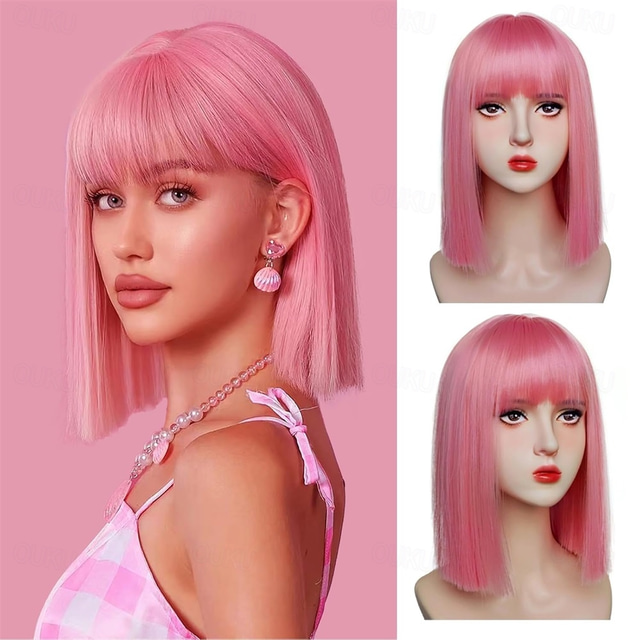  Black Bob Wig with Bangs Short Black Straight Wig for Women Natural Looking Heat Resistant Synthetic Wig for Grils Daily Party Halloween Cosplay Use 13inch