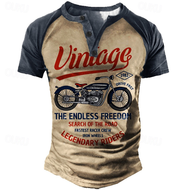  Men's T shirt Tee Henley Shirt Tee Graphic Letter Motorcycle Henley Blue Brown Green Khaki 3D Print Plus Size Outdoor Daily Short Sleeve Button-Down Print Clothing Apparel Designer Stylish Vintage