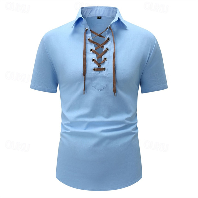  Men's Shirt Casual Shirt Button Up Shirt Plain Vacation Street White Blue Green Gray Short Sleeve Lapel Summer Clothing Apparel Lace up