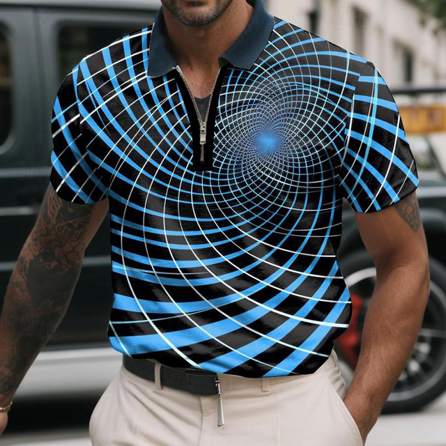  Men's Graphic Zip Polo Shirts Golf Shirt Short Sleeve Polo Shirts Collared Shirts Casual Vacation Wear Rave Wear Party Outfits 3D Print Quarter Zip Polo Summer Blue Gray