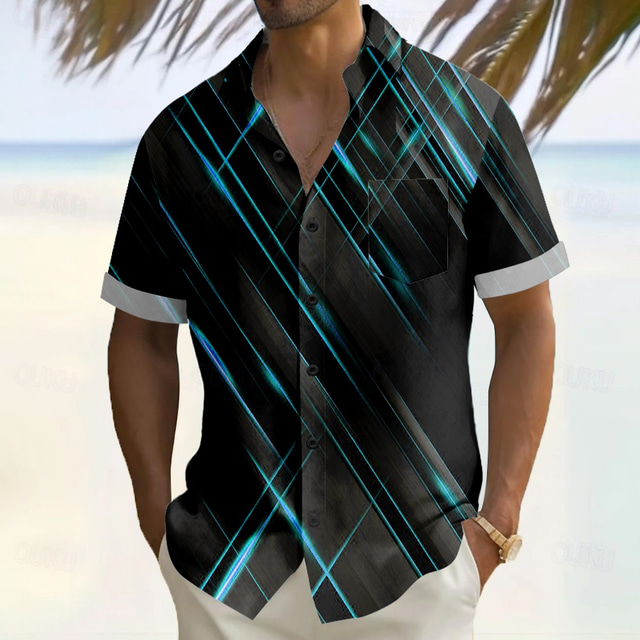  Bărbați Geometric Dungi Culoare gradient Cămașă Cămașă de vară Camașă cu nasturi Manșon scurt Moda Casual Vacanță Concediu Haine de strada Vară Răsfrânt Imprimare 3D Un buzunar frontal Cămașă de in