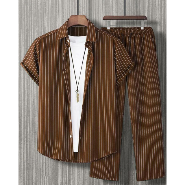  Herr Skjorta set T-shirtkostymer 2 delar outfits T-shirt och shorts Kortärmad Tröjkrage Sommar Rand Mode Ledigt 2 st Semester Dagliga kläder Utekväll Svart Rubinrött Brun Topp t-shirt för män