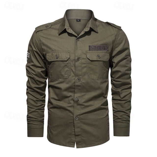  Men's Shirt Summer Shirt Casual Shirt Button Up Shirt Cargo Shirt Black khaki Army Green Long Sleeve Plain Shirt Collar Vacation Hawaiian Pocket Clothing Apparel 100% Cotton Fashion Casual Comfortable
