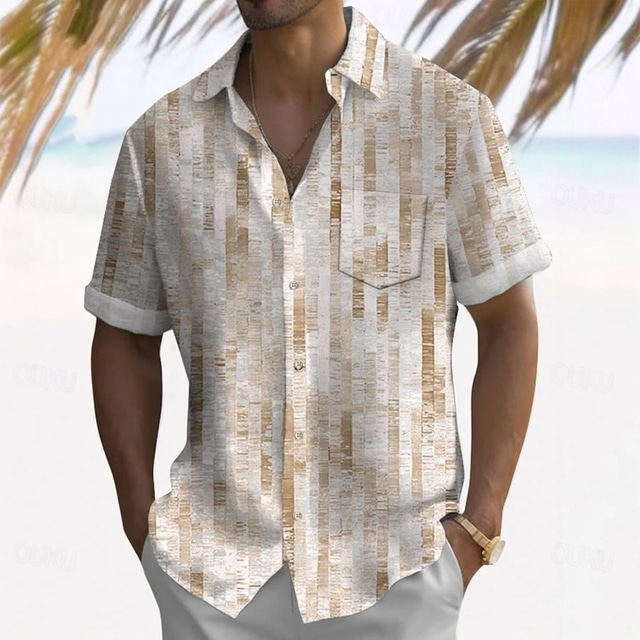  Men's Geometric Grid / Plaid Shirt Summer Shirt Button Up Shirt Short Sleeve Fashion Casual Vacation Holiday Streetwear Summer Turndown 3D Print Front One Pocket Linen Like Shirt Yellow Green Gray