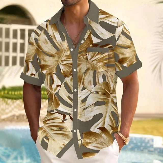  Men's Palm Leaf Tropical Plants Shirt Summer Hawaiian Shirt Button Up Shirt Short Sleeve Hawaiian Vacation Holiday Beach Wear Summer Spring Turndown 3D Print Collared Shirts Front One Pocket Gray