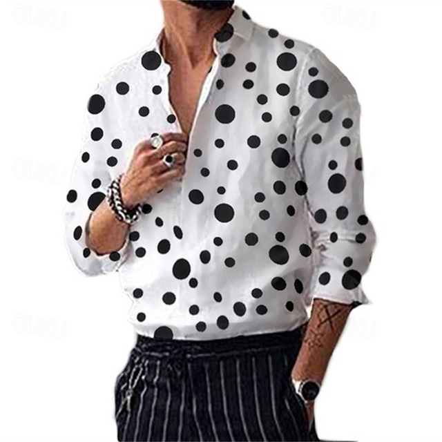  Men's Shirt Summer Shirt Casual Shirt Beach Shirt Button Up Shirt Black White Navy Blue Orange Green Long Sleeve Polka Dot Lapel Vacation Hawaiian Button-Down Clothing Apparel Polyester Fashion