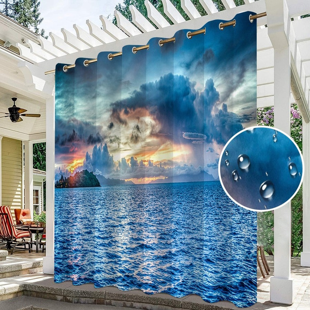  Wasserdichter Outdoor Vorhang Außenvorhang Privatsphäre Schiebe-Patio-Vorhänge Pergola-Vorhänge Grommet 3D Sommer Strand Ozean Landschaft Für Pavillon Balkon Veranda Party 1 Panel