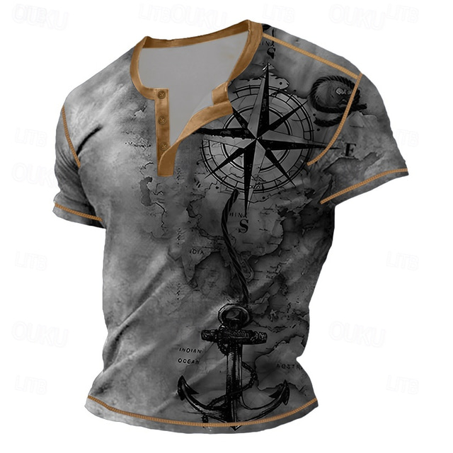  Men's Vintage Compass Henley Shirt Tee Short Sleeve Vintage Fashion Designer Outdoor Casual Daily Summer Spring &  Fall Dark Brown Gray Henley Henley T-Shirt