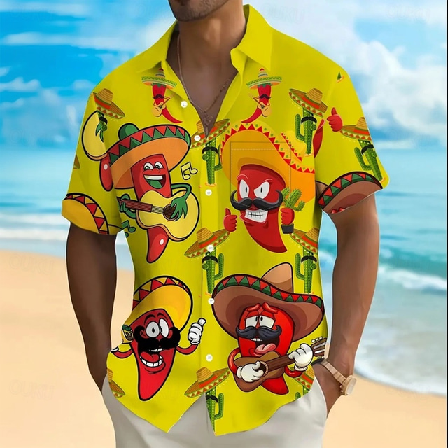  Men's Cactus Funny Pepper Shirt Summer Hawaiian Shirt Button Up Shirt Short Sleeve Hawaiian Vacation Holiday Beach Wear Summer Spring Turndown 3D Print Collared Shirts Front One Pocket Yellow