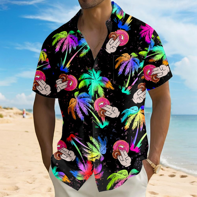  Hombre Árbol de coco Gracioso Rosquillas Camisa camisa hawaiana Abotonar la camisa Manga Corta Hawaiano Vacaciones Festivos Ropa de playa Verano Cuello Vuelto Impresión 3D Un bolsillo delantero