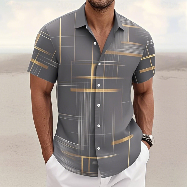  Men's Geometric Grid / Plaid Shirt Button Up Shirt Short Sleeve Fashion Casual Outdoor Vacation Streetwear Summer Spring Turndown 3D Print Collared Shirts Black Pink Army Green Blue Green