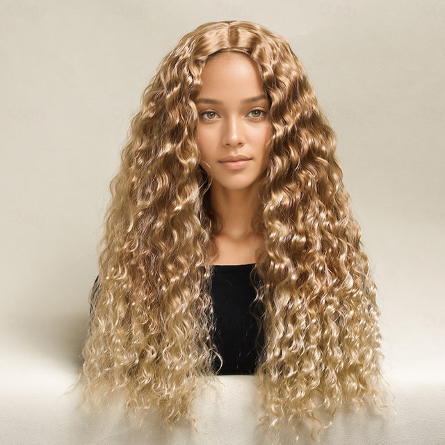  人工毛ウィッグ アフロキンキー ウェーブ レイヤード・ヘアカット ディープパーティー 機械製 かつら 26 インチ A1 合成 女性用 ミドル部 クール クラシック ブロンド