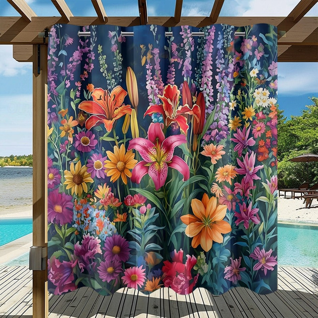  Waterproof Outdoor Curtain Privacy, Sliding Patio Curtain Drapes, Pergola Curtains Grommet 3D Summer Floral Landscape For Gazebo, Balcony, Porch, Party, 1 Panel