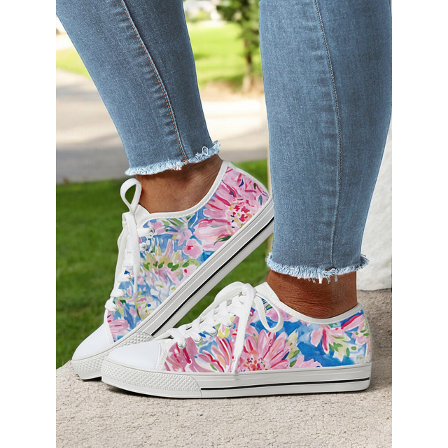  Women’s Lace - Up Canvas Sneakers with Floral Print – Casual & Youthful Style for Teenagers and Young Women in School, Street Outings & Casual Gatherings