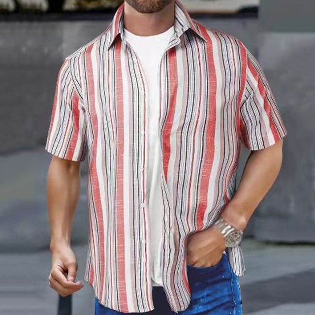  Men's Shirt Summer Shirt Casual Shirt Beach Shirt Button Up Shirt Pink Blue Short Sleeve Stripe Lapel Vacation Hawaiian Clothing Apparel Polyester Fashion Casual Comfortable