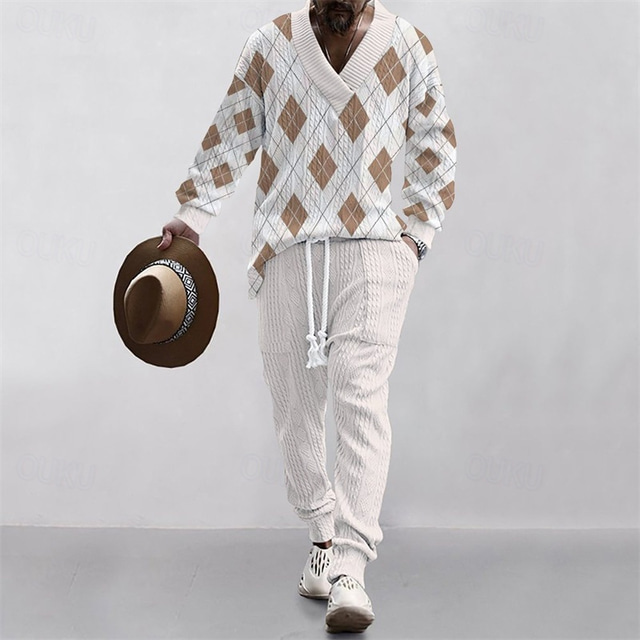  Men's T-shirt Suits Pants Sets 2 Pieces Outfits Full Body V Neck Spring &  Fall Geometric Fashion Casual 2 Piece Vacation Daily Wear Going out Black White Top Tee for Men