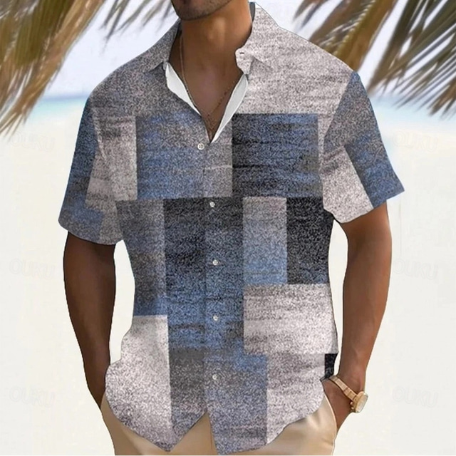  Men's Geometric Color Block Patchwork Shirt Summer Shirt Button Up Shirt Short Sleeve Fashion Casual Outdoor Vacation Dailywear Summer Turndown 3D Print Linen Like Shirt Blue Purple