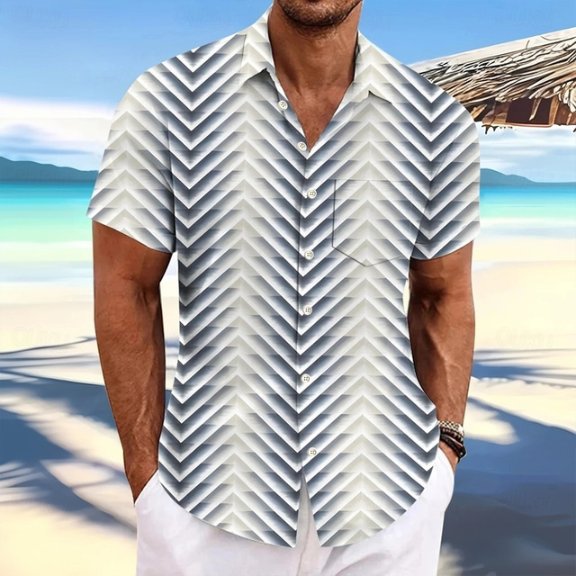  Men's Geometric Gradient Color Shirt Casual Shirt Button Up Shirt Short Sleeve Fashion Casual Outdoor Vacation Dailywear Summer Spring Turndown 3D Print Collared Shirts Front One Pocket White