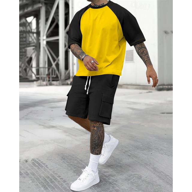  Men's T-shirt Suits 2 Pieces Outfits Tee & Shorts Short Sleeve Crew Neck Summer Color Block Fashion Casual 2 Piece Vacation Daily Wear Going out Yellow Orange Army Green Top Tee for Men