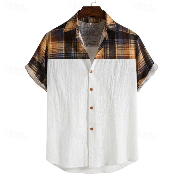  Men's Shirt Linen Shirt Casual Shirt Button Up Shirt Cotton Shirt Plaid Vacation Street White Short Sleeve Turndown Summer Clothing Apparel Button-Down