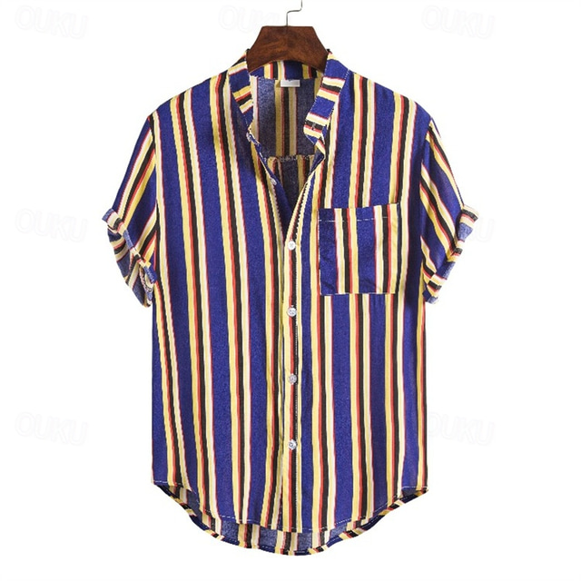  Men's Shirt Popover Shirt Summer Shirt Casual Shirt Beach Shirt Light Yellow Yellow Red Blue Dark Blue Short Sleeve Stripes Band Collar Vacation Hawaiian Pocket Clothing Apparel Cotton Blend Fashion