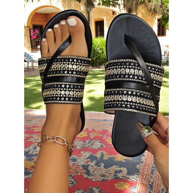  Paarse sandalen met strass voor dames – opvallende boho-chique platte schoenen met kralen voor aan het zwembad, op vakantie en voor dagelijks gebruik in de zomer