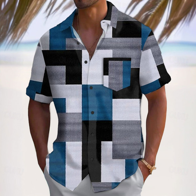 Men's Geometric Color Block Patchwork Shirt Casual Shirt Button Up Shirt Short Sleeve Fashion Casual Vacation Dailywear Holiday Summer Spring Turndown 3D Print Collared Shirts Front One Pocket Red