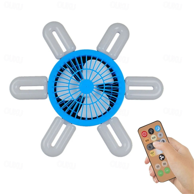  Ventilatori da soffitto E27 con luci, ventilatore pieghevole a 6 foglie a forma di U con telecomando, dimmerabile, piccolo ventilatore da soffitto per camera da letto, garage, temporizzazione
