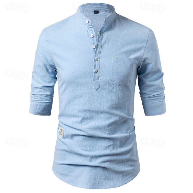  Men's Shirt Linen Shirt Popover Shirt Casual Shirt Cotton Shirt Plain Vacation Hawaiian Black White Apricot Gray 3/4 Length Sleeve Band Collar Summer Spring Clothing Apparel Button-Down
