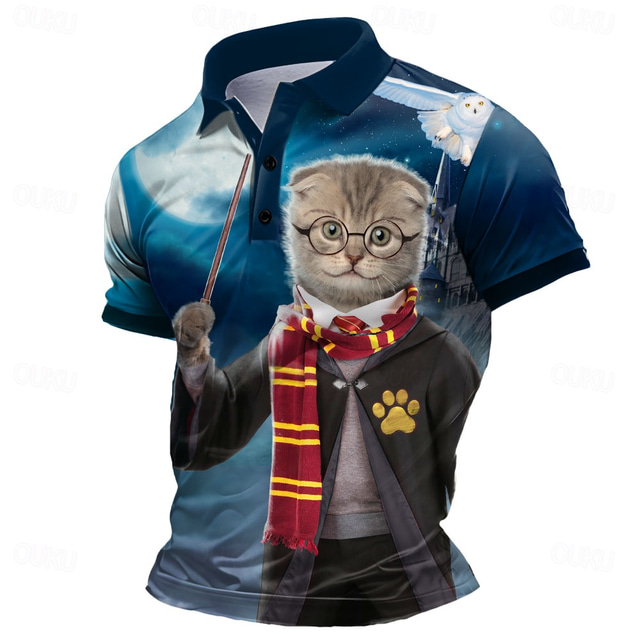  Vincent Hie Men's Cat Polo Short Sleeve Polo Shirts Collared Shirts Casual School Outdoor Daily Wear 3D Print Summer Blue