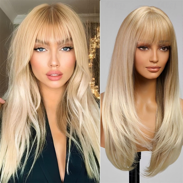  Auburn Long Layered Wig with Bangs Ginger Straight Hair Wigs for WomenRed Hair Synthetic Heat Resistant Wig for Party Cosplay Dality Use