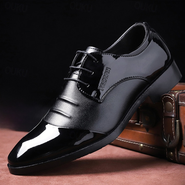  Men's Black and Brown Patent Leather Oxford Shoes – Elegant Banquet and Prom Dress Shoes for Formal Events