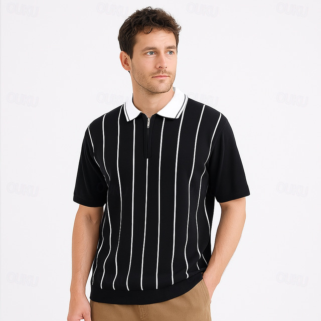  Men's Polo Knit Polo Sweater Formal Work Turndown Short Sleeve Striped Vertical Stripes Stripe-Trim Stripe Spring Black White Brown Army Green Polo