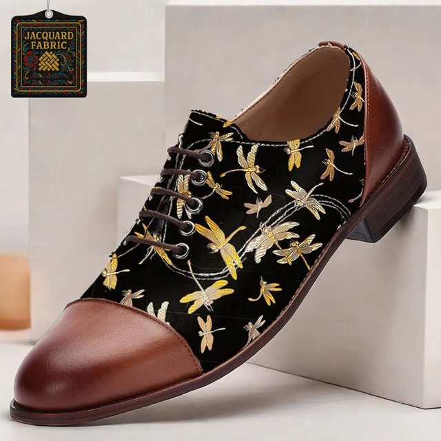  Men's Vintage Lace-Up Oxford Shoes - Black with Dragonfly Jacquard Fabric, Brown Faux Leather Toe Cap and Heel, Ideal for Casual and Retro Styles
