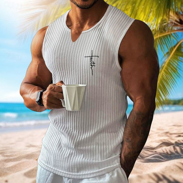  Men's Vest Top Undershirt Sleeveless Shirt Sleeveless V Neck Spring & Summer Pattern Fashion Designer Vacation Street Going out White Wine Dark Navy Top Tee for Men