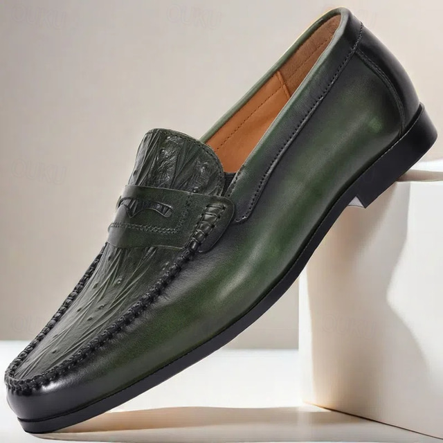 Men's Green Leather Loafers with Crocodile Pattern – Kentucky Derby Shoes for Casual and Semi-Formal Events