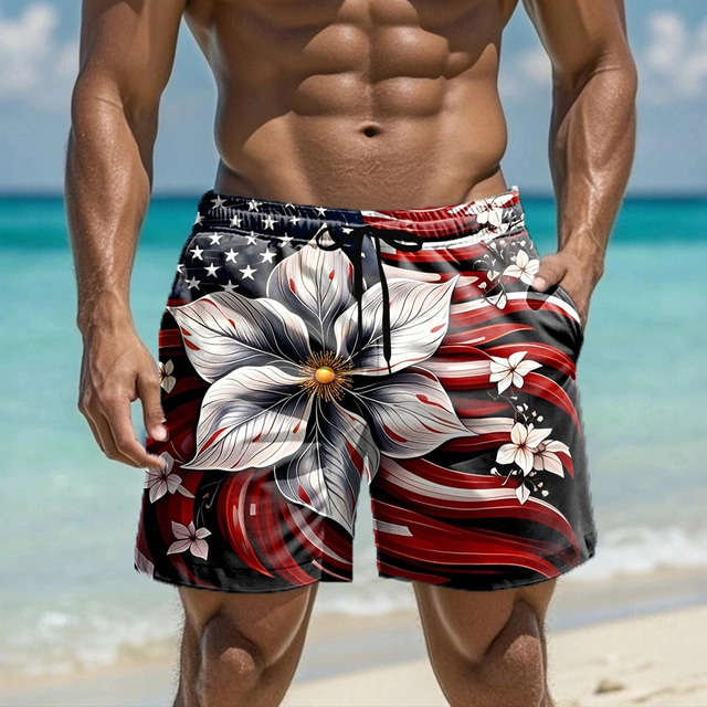  Men's American US Flag Independence Day Patriotic Swim Shorts Board Shorts Swimming Trunks Mid Waist Streetwear Hawaiian Holiday Side Pockets Mesh Lining Elastic Drawstring Waist Designer Clothing