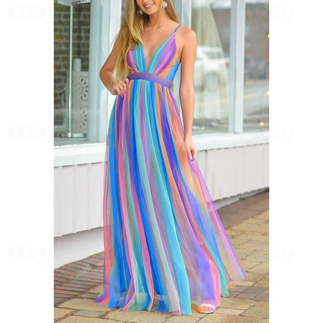  Pride Rainbow Dress Rainbow Chiffon Maxi Dress Adults' Women's Casual Pride Parade Pride Month Halloween Carnival Easy Carnival Costume