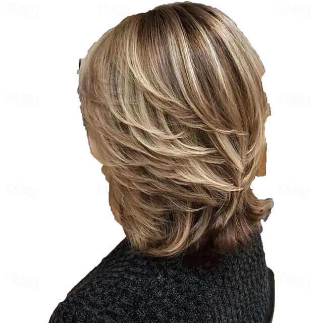  Short Ombre Highlight Brown Mixed Blonde Layered Wig Bangs Bob for Women Synthetic Short Blonde Pixie Cut