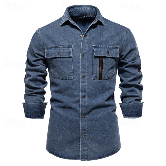  Men's Shirt Summer Shirt Casual Shirt Beach Shirt Button Up Shirt Black Dark Blue Light Blue Long Sleeve Plain Lapel Vacation Hawaiian Pocket Clothing Apparel 100% Cotton Fashion Casual Comfortable