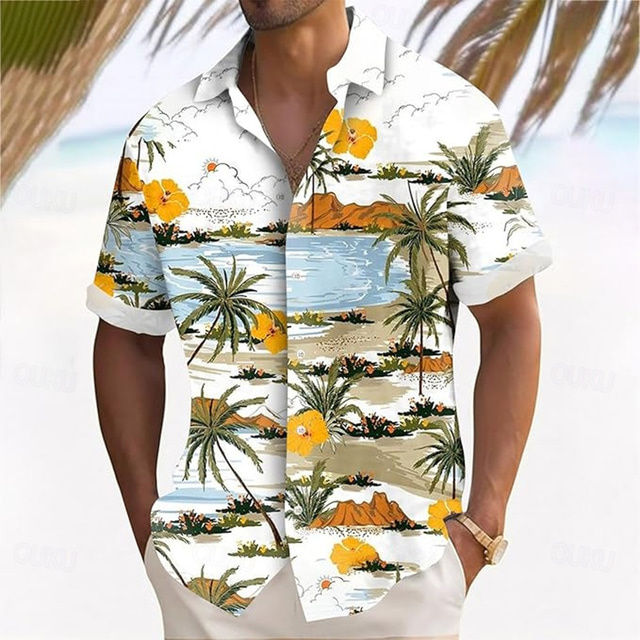  Men's Coconut Tree Tropical Flowers Shirt Summer Hawaiian Shirt Button Up Shirt Short Sleeve Hawaiian Vacation Holiday Beach Wear Summer Spring Turndown 3D Print Collared Shirts Yellow Blue
