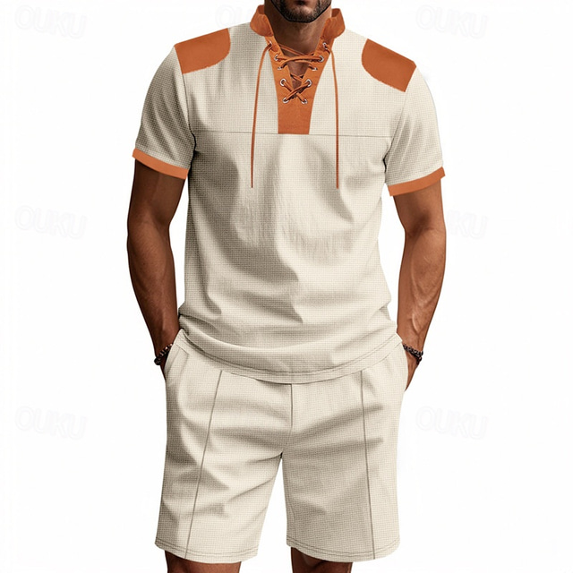  Men's T-shirt Suits 2 Pieces Outfits Tee & Shorts Short Sleeve Standing Collar Summer Color Block Fashion Casual Lace up 2 Piece Vacation Daily Wear Going out Black White Royal Blue Top Tee for Men