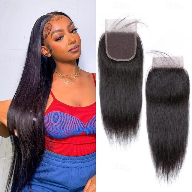  Cabelo humano liso com fecho de renda transparente 6x6, cabelo remy brasileiro pré-arrancado com cabelo de bebê, cor natural